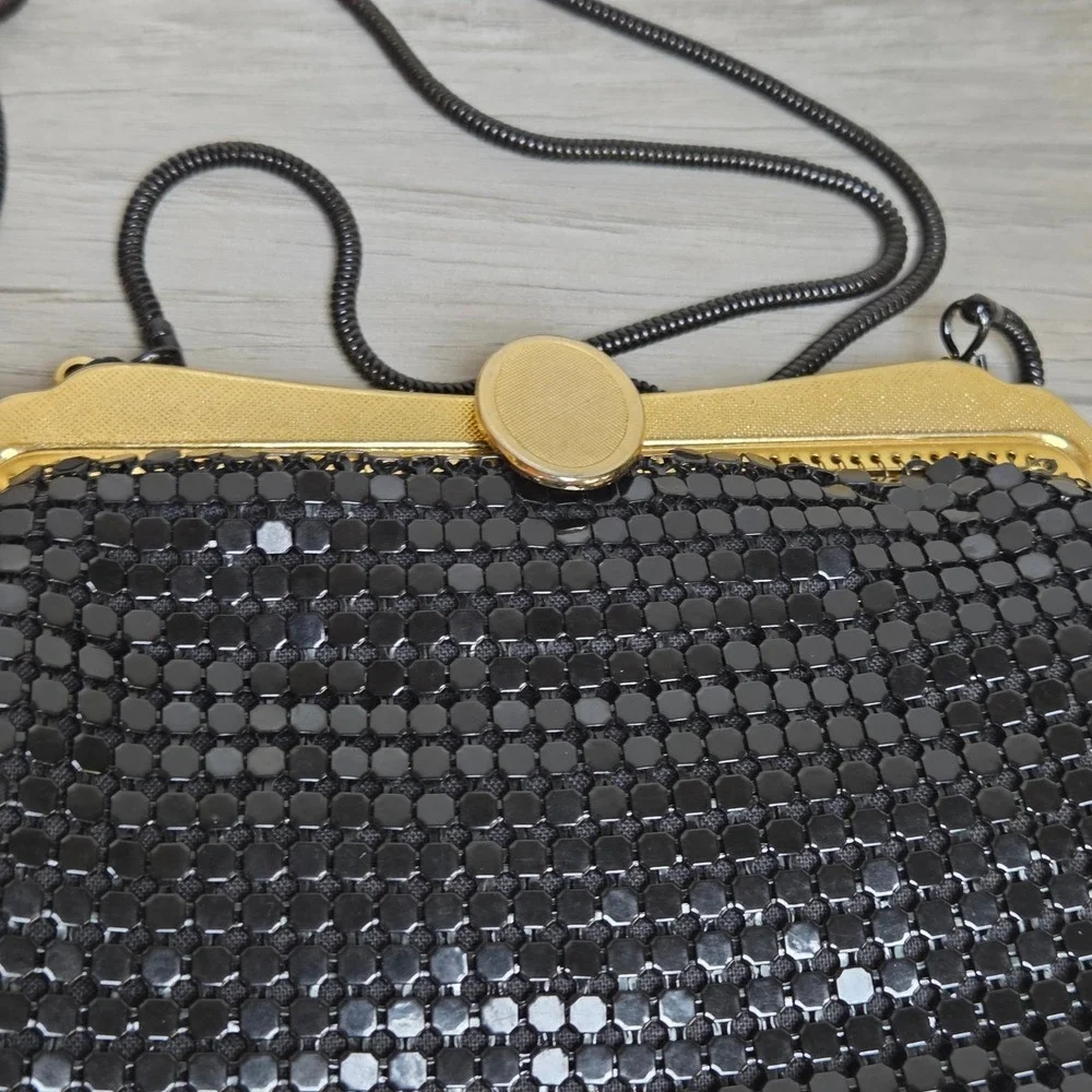 Apri Nights Black Metal Mesh Evening Clutch Bag Gold Tone Frame Snake Chain